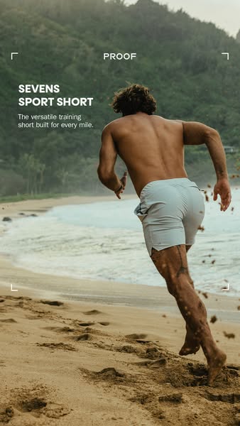This image ad showcases the Seven Sport Short by Proof. The ad features a man running on a beach and highlights the vers