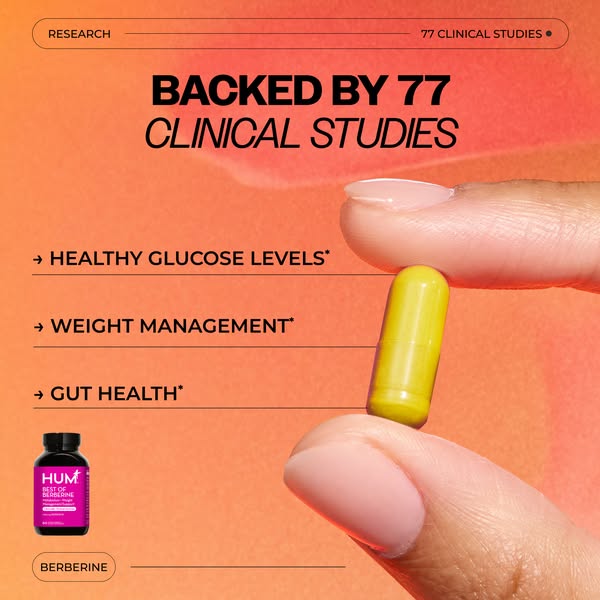 An ad for Hum brand berberine supplement. It focuses on the supplement's benefits, such as promoting healthy glucose