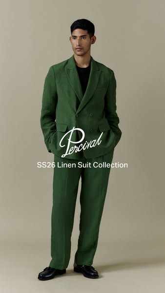 This image ad showcases a man wearing a green linen suit from the Percival SS26 collection. The ad emphasizes the stylis