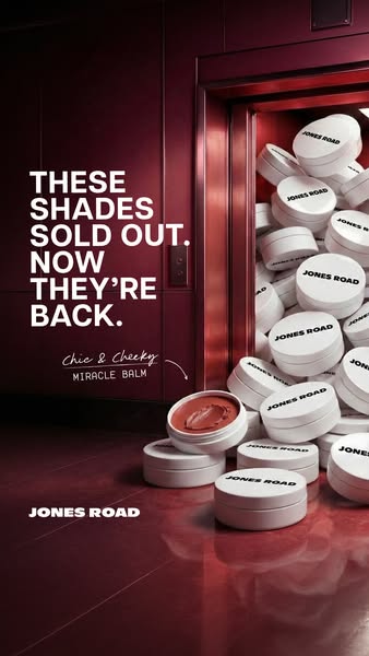 This Jones Road ad announces the return of previously sold-out shades. The visual features a pile of Miracle Balms in an
