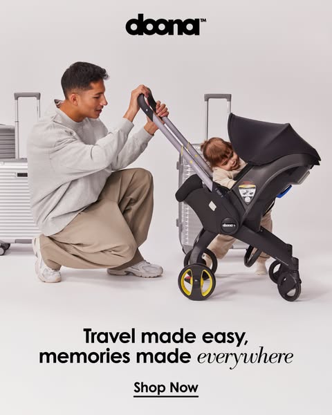 This ad showcases the Doona car seat stroller, highlighting its ease of use for travel. It features a man demonstrating 
