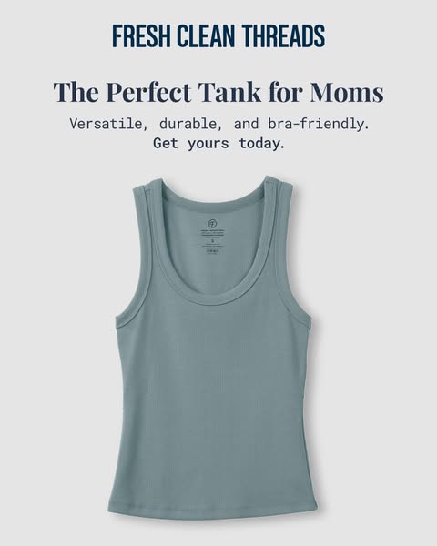 The ad features a single light-blue tank top against a solid background. Text above the tank top describes it as 'Th