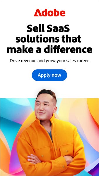 The ad promotes career opportunities at Adobe, inviting potential candidates to apply for positions that involve selling