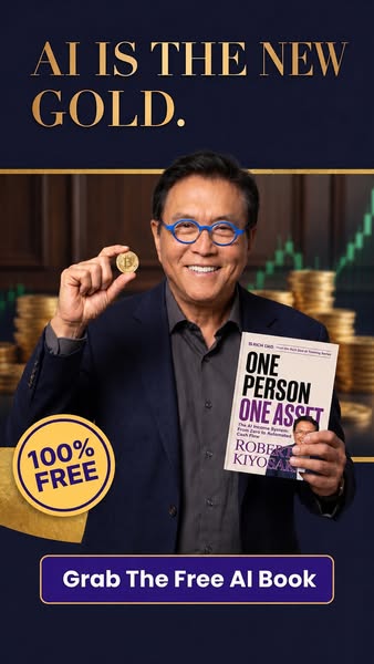The image ad features Robert Kiyosaki holding a bitcoin and a copy of his book One Person One Asset. It promotes a free 