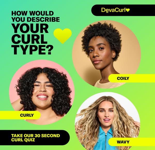 The ad presents three women with different curl types (curly, coily, and wavy) and prompts viewers to take a 30-second c