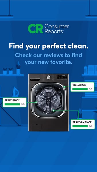 This ad for Consumer Reports features a washing machine and highlights the brand's reviews of the product's effi