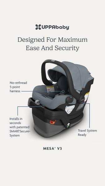 This ad showcases the UPPAbaby MESA V3 car seat and its safety features, highlighting its ease of installation and trave
