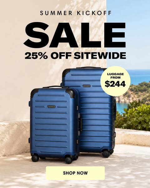 This image ad promotes a summer sale on luggage, highlighting a discount of 25% off sitewide and featuring luggage start