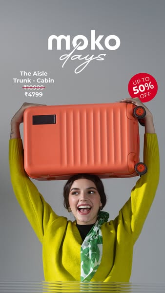 This ad showcases a Moko brand suitcase called The Aisle Trunk - Cabin with a limited-time offer for up to 50% off.