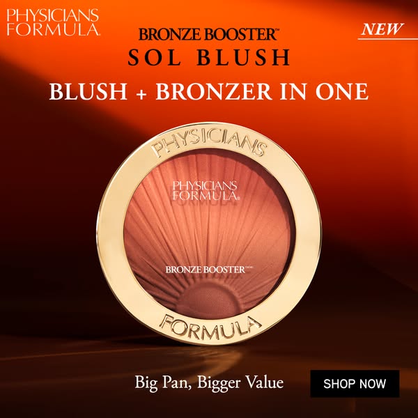 This image ad promotes the Bronze Booster SOL Blush from Physicians Formula, emphasizing its large size and value.
