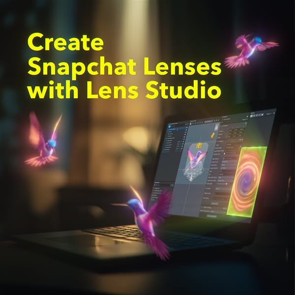 This ad promotes Lens Studio, a tool for creating Snapchat Lenses. The ad features a laptop displaying the Lens Studio i
