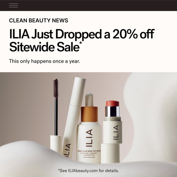 This image ad promotes a 20% off sitewide sale from Ilia Beauty. The ad features a selection of Ilia's makeup produc