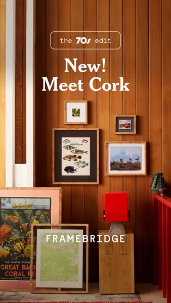 This ad showcases a variety of framed art prints and photographs, highlighting the brand Framebridge and their new cork 