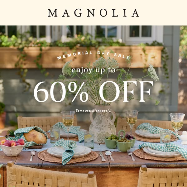 This image ad from Magnolia promotes a Memorial Day sale offering up to 60% off. The image showcases a rustic, outdoor d