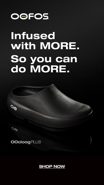 This ad for OOFOS shoes features a clog and the benefits of infused technology.