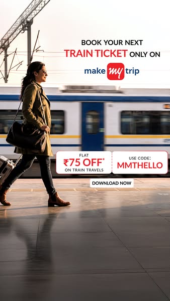 This ad for Make My Trip advertises train ticket booking services. The image features a woman walking on a train platfor