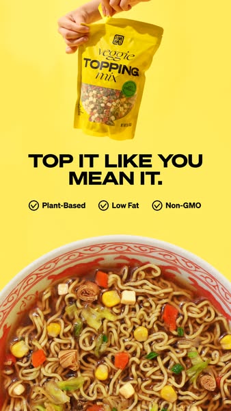 An ad for a vegetarian topping mix, encouraging viewers to add the product to their food. The yellow packaging and backg