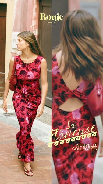 A split-screen ad showcasing a woman wearing a red floral dress. The ad promotes the new collection from Rouje Paris.