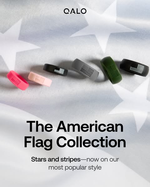 This ad is for Qalo, a brand that sells silicone rings. The ad features the American Flag Collection, which are silicone