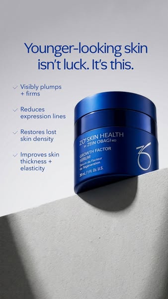 This image ad for ZO Skin Health highlights the benefits of the Growth Factor Serum, promising younger-looking skin by v