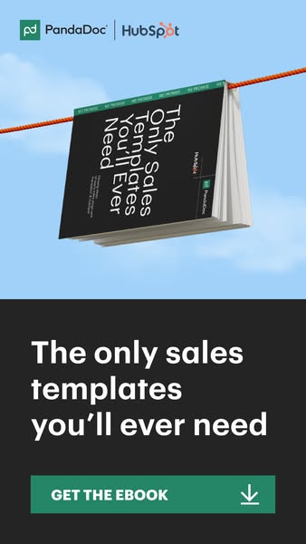 This image ad promotes sales templates by PandaDoc. It uses a book hanging from a clothesline as its main visual, with t