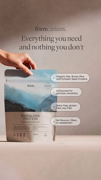 This ad for Form Pureblend Protein highlights its key attributes. The ad emphasizes the protein's ingredients and it