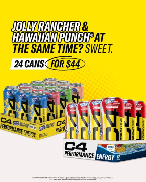 The ad promotes C4 Energy drinks in a limited-edition flavor combining Jolly Rancher and Hawaiian Punch. It highlights t