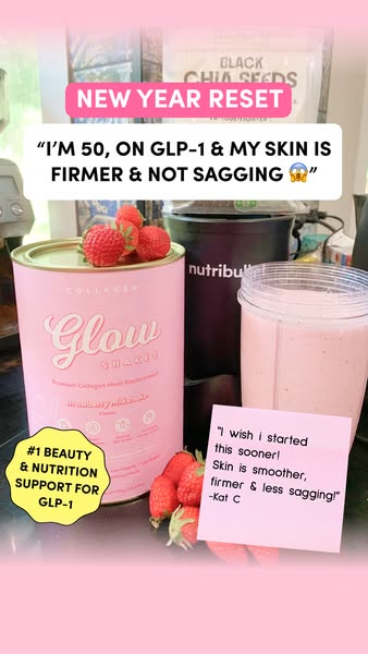 The ad features a can of collagen protein powder with fruit beside a smoothie and a personal testimonial promoting the i