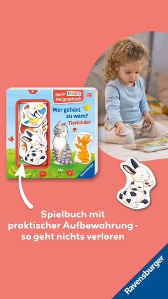 This ad showcases a Ravensburger magnetic book for children designed to help teach kids which animals belong to which pa