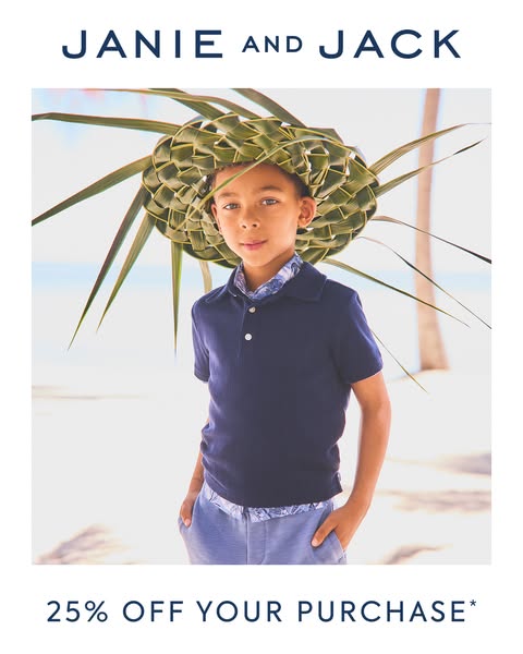This is a Janie and Jack ad showing a young boy on a beach wearing their clothing and a hat made out of palm leaves. It 