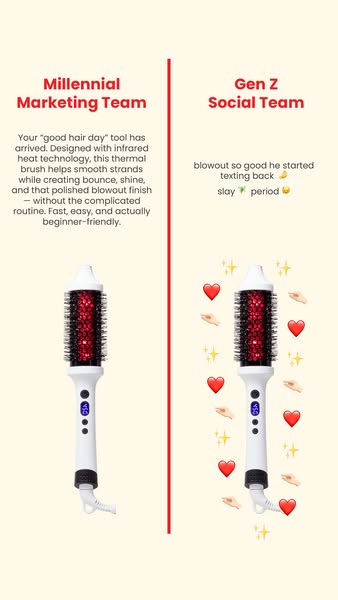 This ad compares messaging for a thermal hair brush between a 'Millennial Marketing Team' and 'Gen Z Social 