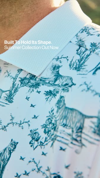 This image ad showcases a polo shirt with a unique floral pattern and emphasizes its ability to hold its shape. The ad a