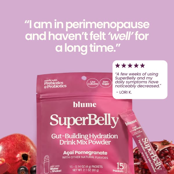 This image ad for Blume SuperBelly features a customer testimonial about feeling better after using the product. It show