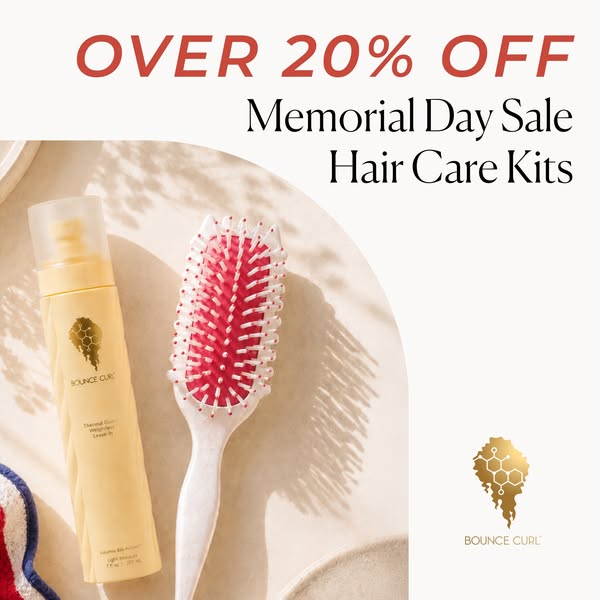 The image ad promotes a Bounce Curl hair care kit with a Memorial Day sale offering over 20% off. It features a product 