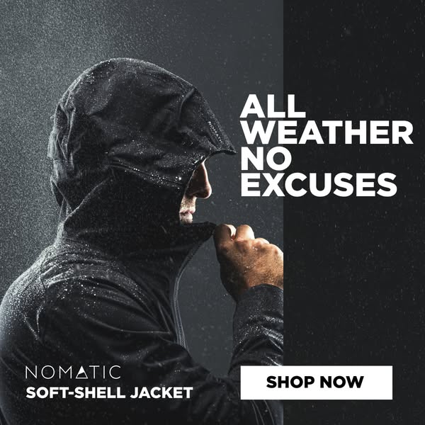This ad showcases a person wearing a Nomatic soft-shell jacket in the rain to demonstrate its all-weather functionality.