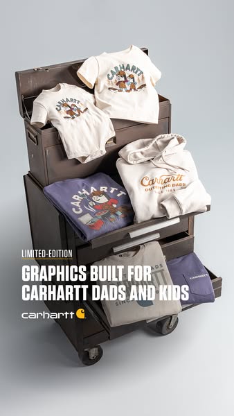 This ad promotes Carhartt's limited edition graphics line for dads and kids. The image features an organized metal t