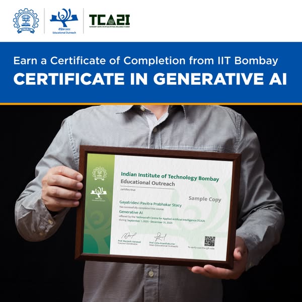 This image ad promotes a certificate in Generative AI from IIT Bombay. It features a person holding a framed certificate