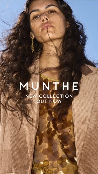 This ad features a striking upward-angle portrait of a model wearing clothing from the Munthe new collection. The ad is 