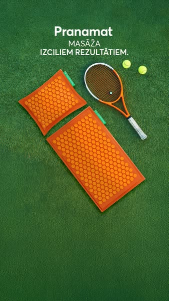 This ad displays the Pranamat massage set on a green background alongside a tennis racket and tennis balls. The ad highl
