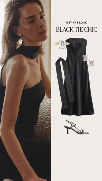 This ad highlights a black dress and accessories in a curated style to showcase a chic and elevated look.
