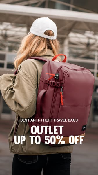 This ad highlights a travel backpack emphasizing its anti-theft features, along with a special outlet promotion of up to