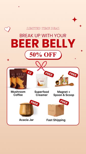 This ad for RYZE mushroom coffee aims to grab the viewer's attention by offering a limited time deal of 50% off if t