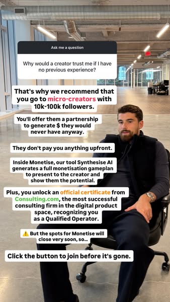 The ad promotes Monetise, an AI tool that generates monetization gameplans for creators, offering a partnership to gener