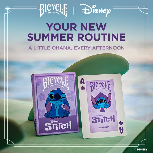 This image ad for Bicycle playing cards promotes a collaboration with Disney featuring Stitch from the movie 'Lilo &