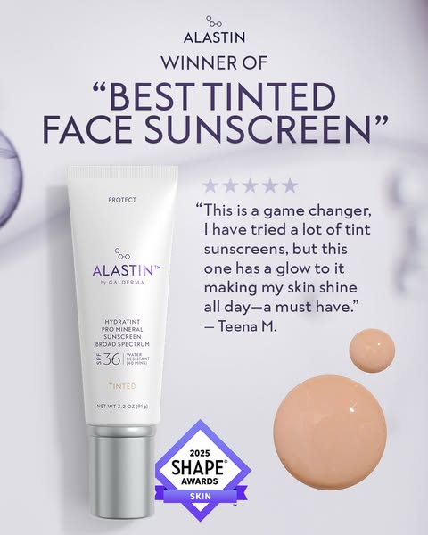 This ad showcases ALASTIN's tinted face sunscreen and features a customer testimonial stating they have tried other 