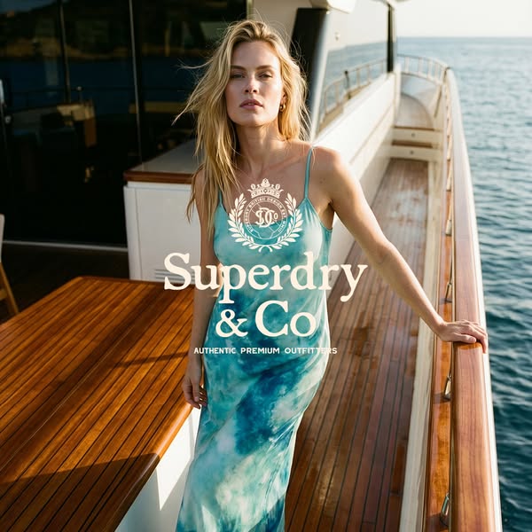 A woman in a summery dress stands on a yacht. The brand logo and name are layered over the image.