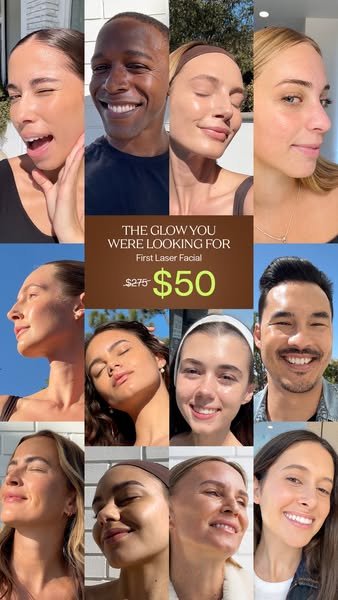 This image ad features a grid collage of diverse individuals showcasing the 'glow' achieved after receiving the 