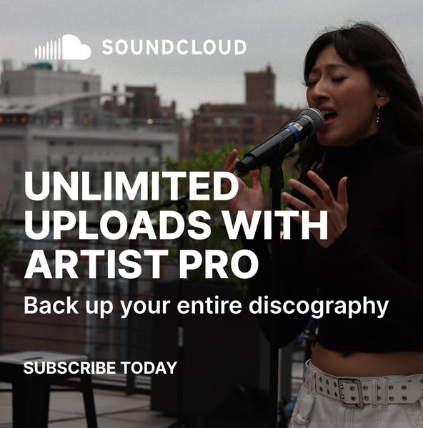 This ad promotes SoundCloud's Artist Pro plan, highlighting unlimited uploads and encouraging musicians to subscribe