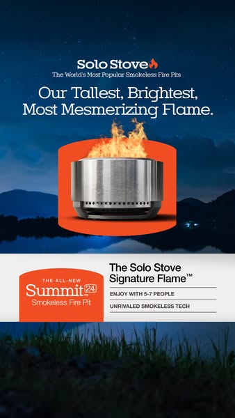 This image ad promotes Solo Stove's smokeless fire pits, focusing on the new Summit 24 model. It highlights the prod
