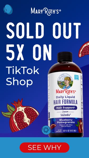 This image ad for Mary Ruth's Daily Liquid Hair Formula promotes that the product has sold out five times on TikTok 